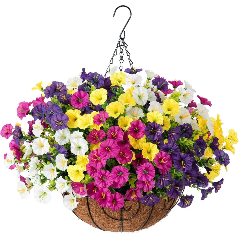 

5pcs Realistic Artificial Morning Glory & Eucalyptus Hanging Flowers - UV-Resistant Outdoor/ Fake Plants with Blooming Spring Flowers for Balcony, Porch, Garden - Low-Maintenance Plastic Greenery (No Container)