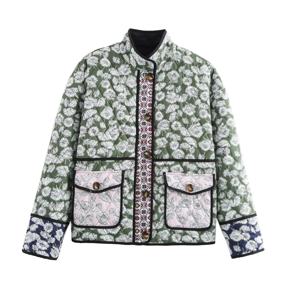 PB&ZA2024 Autumn New Fashion Style Floral Cotton Jacket Lightweight Stand up Collar Pocket Splicing Diamond Grid Coat
