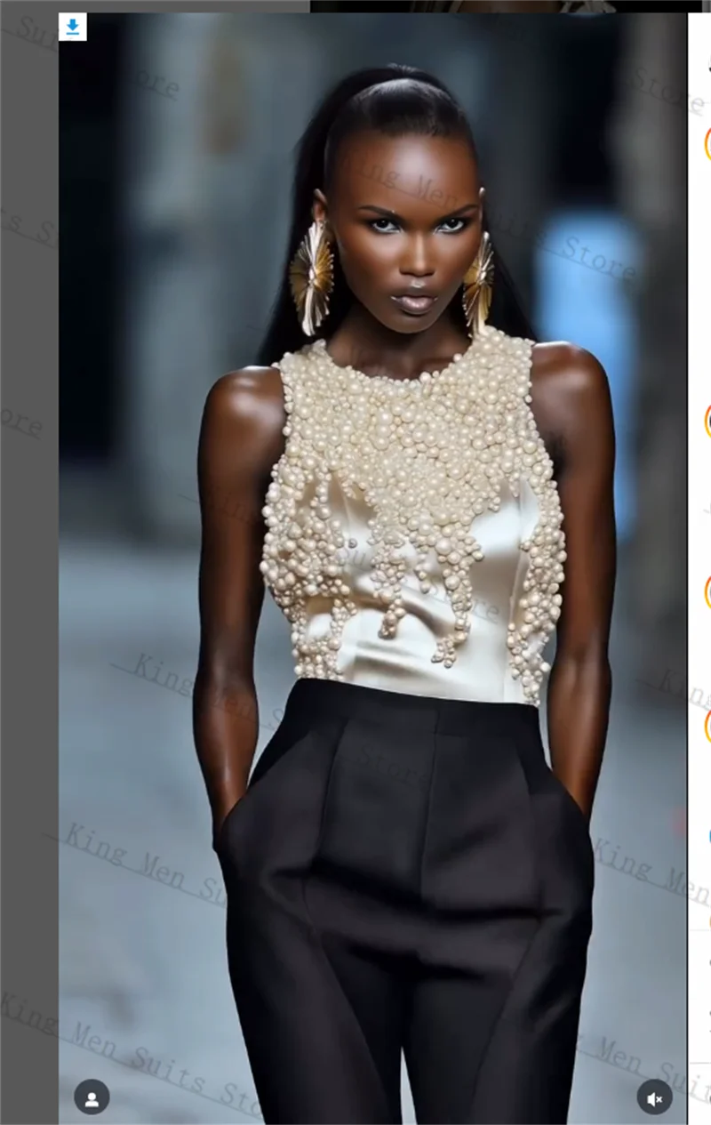 

Pearls Formal Women Suits Set 2 Pieces Top+Pants Trousers Customized Office Lady Wedding Prom Coat Sleeveless(No Back Pearls)