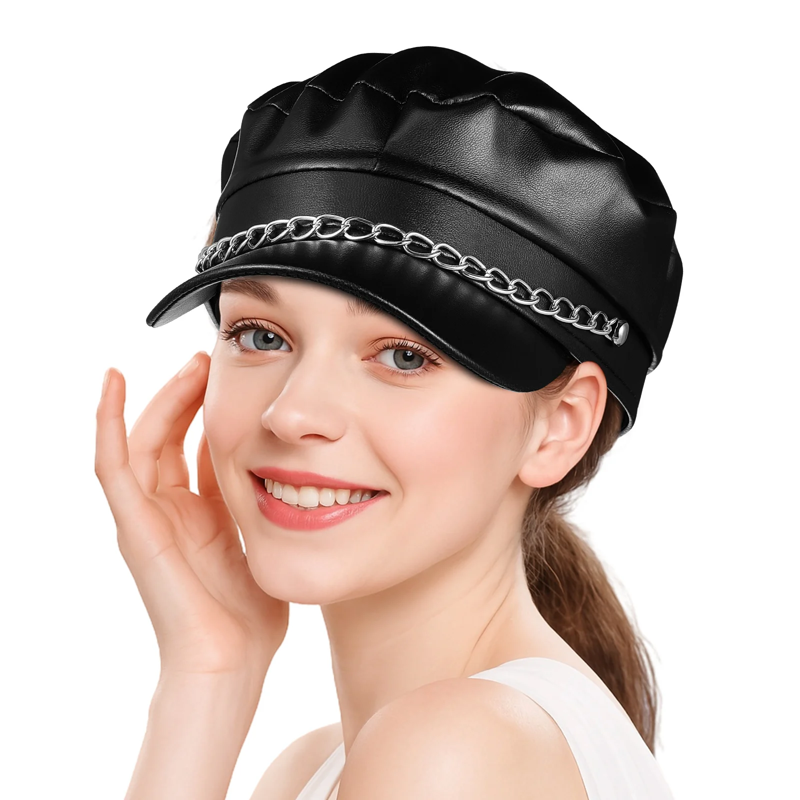 

Pu Navy Retro Flat Top Sailor Hat Costume Pirate Gangster Party Biker Cosplay Headgear Halloween Accessories Beret Cap Yacht