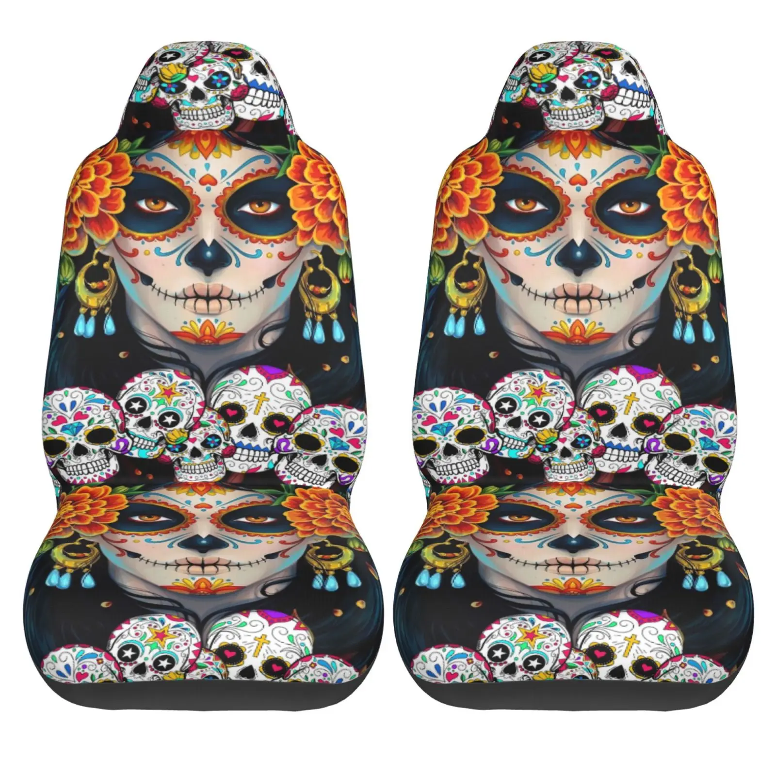 Funda para asiento de coche con estampado de calavera Catrina mexicana del Día de los muertos, 2 uds., accesorios protectores frontales universales con estampado, juego de cojines
