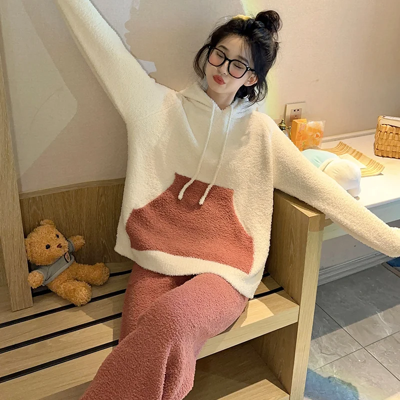 Autumn Winter New Coral Fleece Pijamas Set for Women Fallow Hooded Women's Home Suit Warm Long Sleeve 2 Piece Set Soft Sleepwear