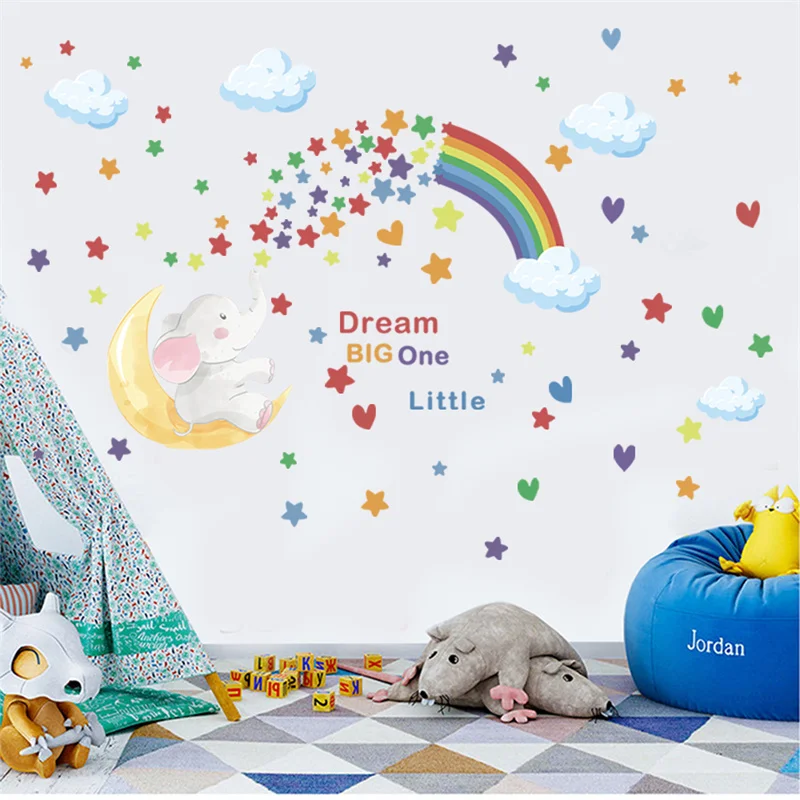 Dream big one little rainbow elephant moon star cloud Wall Stickers Bedroom Living Room Wall Decoration decoration chambre