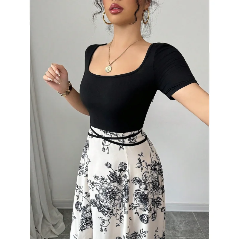 2025 Women's Casual Elegant Floral Print Short-Sleeve Long Fashion Dress C001