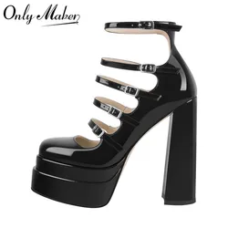 Onlymaker Women Buckle Strap Platform Pumps Black Patent Leather Cross-tied Square Toe Fashion Party Thick High Summer Heels