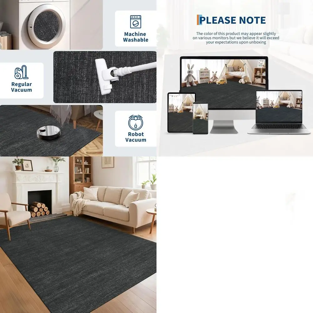 

Черный моющийся нескользящий коврик с низким ворсом 5x7 для спальни, кухни и детской комнаты — мягкий, устойчивый к пятнам в минималистском стиле в стиле бохо