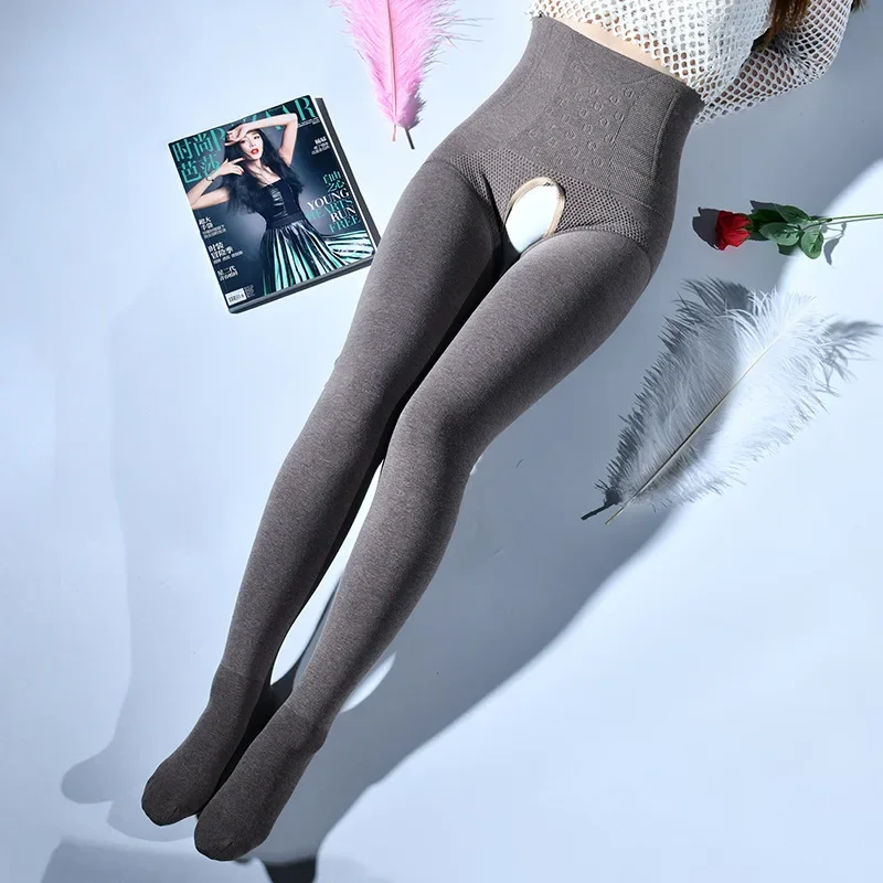 Pantimedias sexis con entrepierna abierta para mujer, mallas de cintura alta para Abdomen, gruesas, cálidas y ajustadas, medias largas de terciopelo para invierno