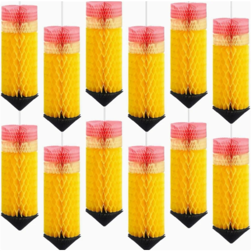 6/12 Sets Bleistift-Wabenblumen-Hängedekorationen, Dekorationen für Schule, Kindergarten, Party während der Schulanfangssaison