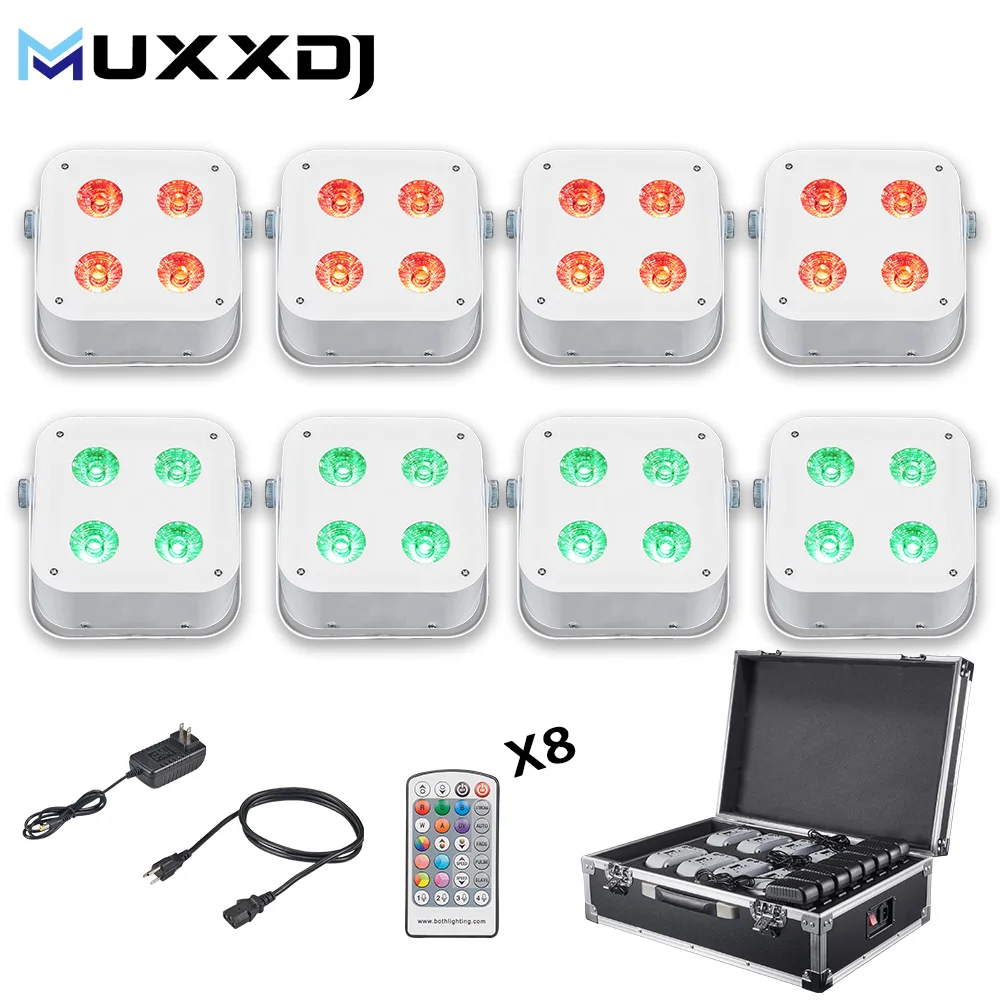 

MUXXDJ 8pcs With a cases Battery IR4 4x12W RGBWA UV 6in1 DMX&IR Remote Wireless Up-light For Wedding DJ Event Party