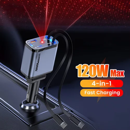 Imagen 1 del producto ZRGAE 4 en 1 USB cargador de teléfono para coche adaptador retráctil con Cable de carga rápida tipo C Star Light para iPhone 16 Samsung