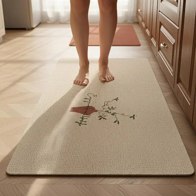 2 Piece Linen Textured Kitchen Rugs Set Non Slip Waterproof Backing Minimalist