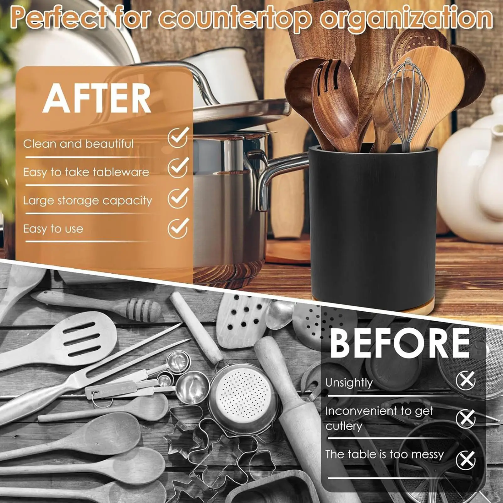 

Wooden Utensil Holder Cutlery Organizer 360 Rotation Wooden Cutlery Silverware Rack Knives Spoon Forks Storage Cooking Tools