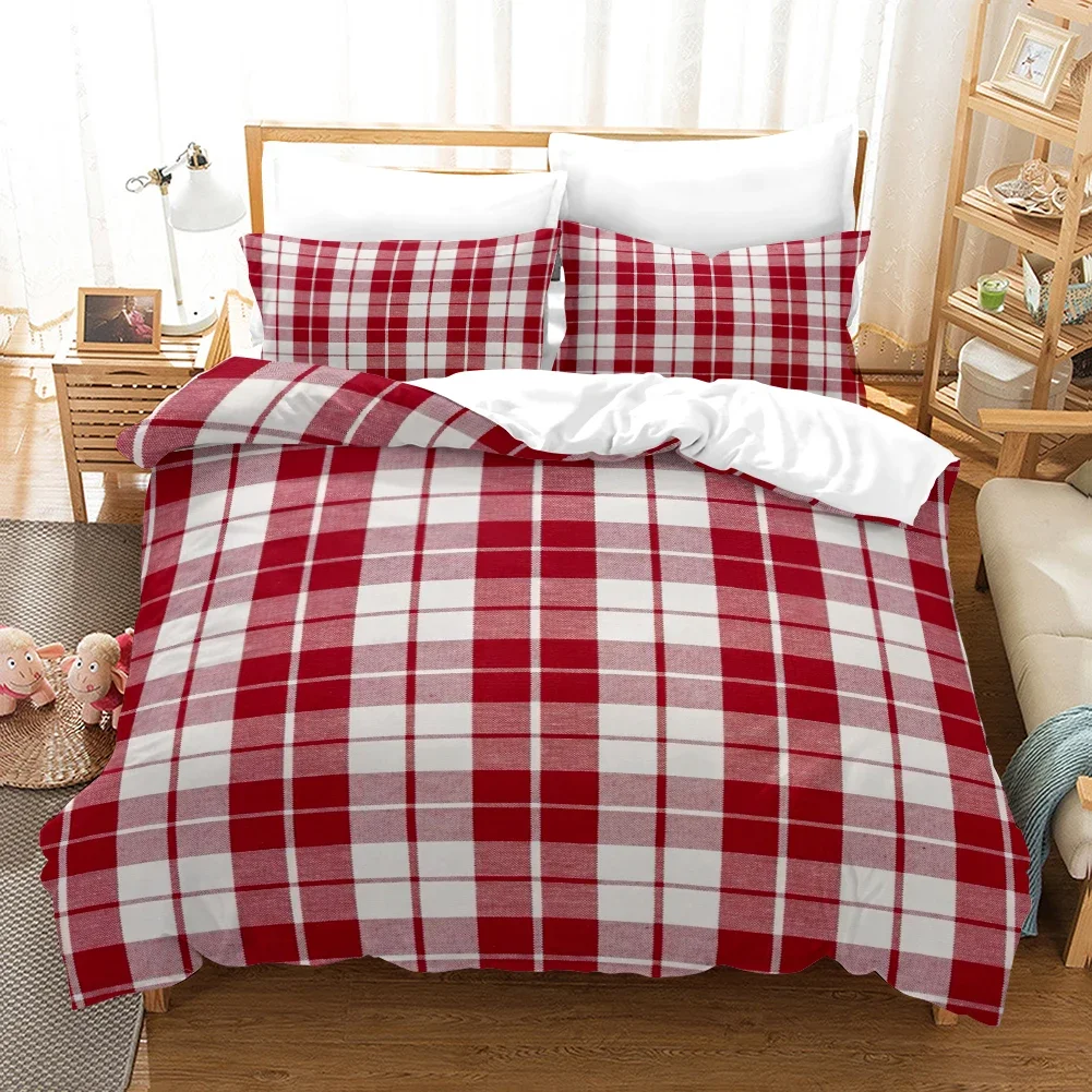 Red Plaid style Digital Printed Duvet Set - Polyester - Bedroom Decor -1 bed cover +2 pillowcases (no pillow core)