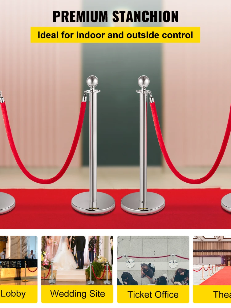 VEVOR 38Inch Gold Silver Stanchion Posts Queue Red Velvet Rope Crowd Control Line Barriers with Stable Base for Party Supplies