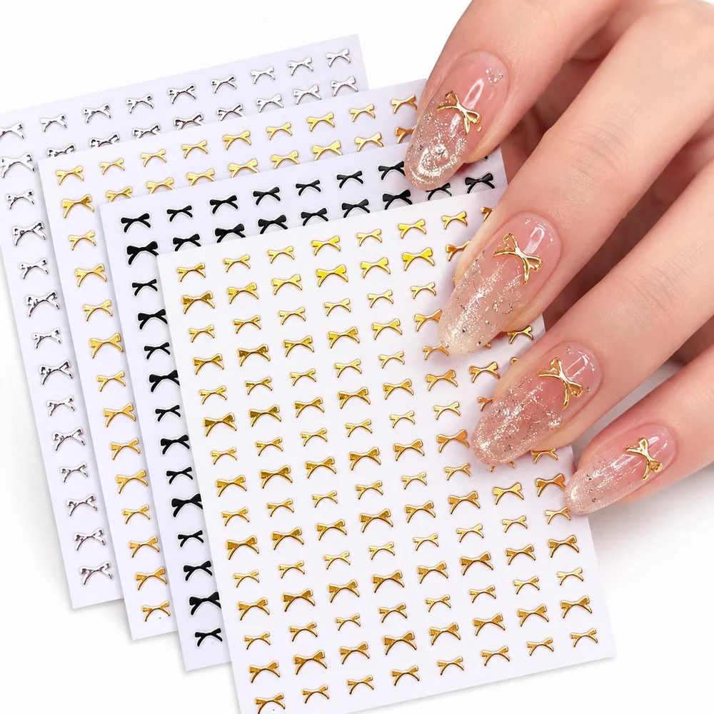 4 Sheets Tiny Ribbon Bow Nail Stickers Set Self‑Adhesive Mini Bow Decals Metal Foil For Professional Nail Salon Manicure Craft