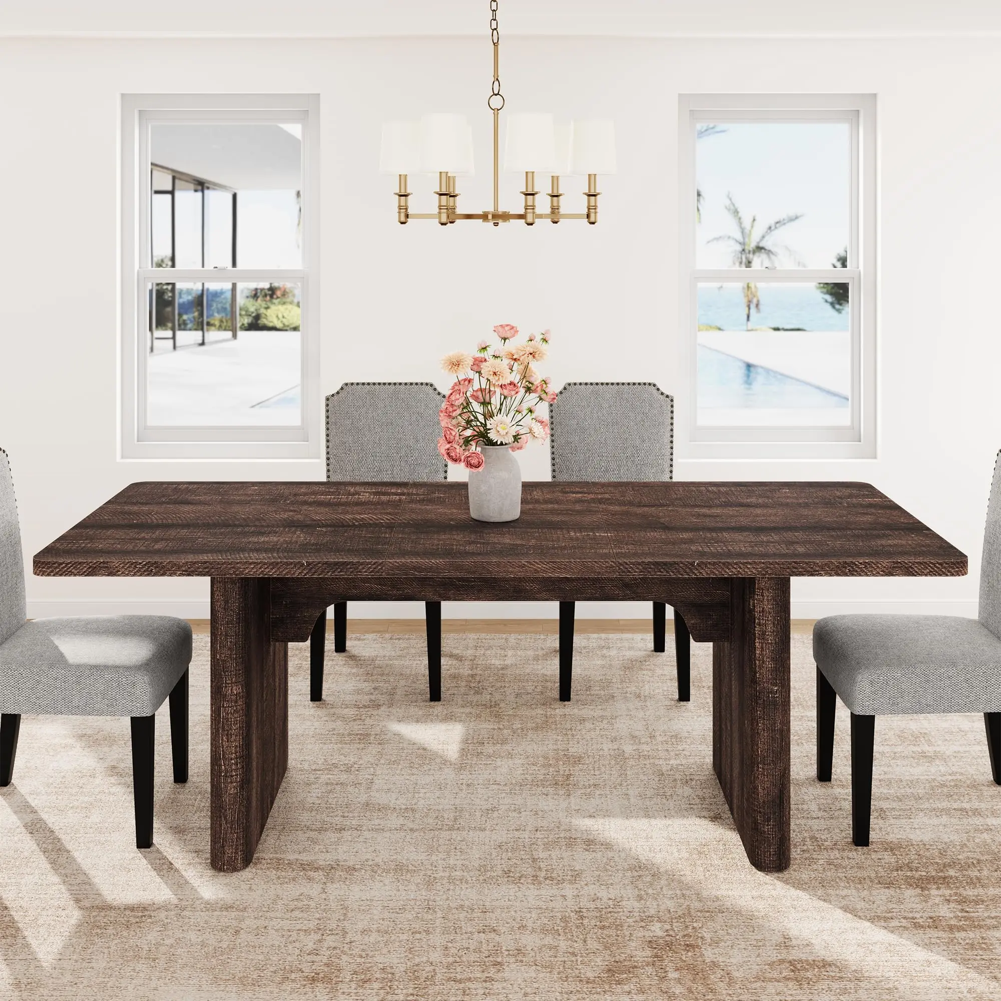 63-82.7 Inch Extendable Dining Table For 8-10, Farmhouse Rectangle Kitchen Table With Rounded Corners, Wood Base For Dining Room