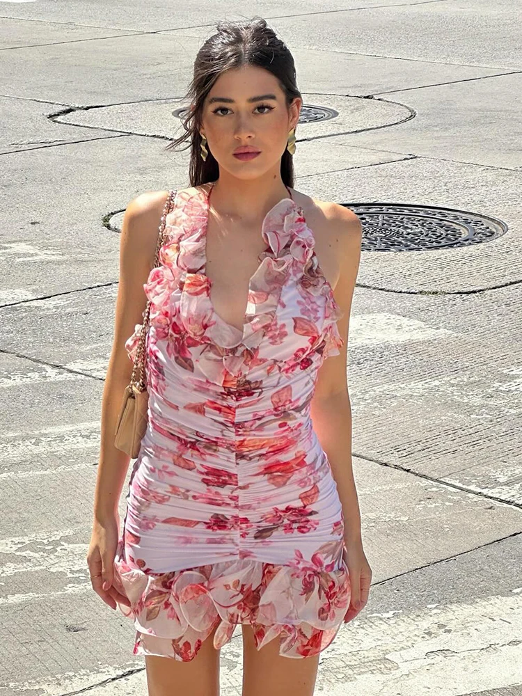 VC 로맨틱 새틴 민소매 선드레스 미니 드레스, 로즈 숄더 장식, 섹시한 오픈 백 디자인, 홀터넥 숏 드레스