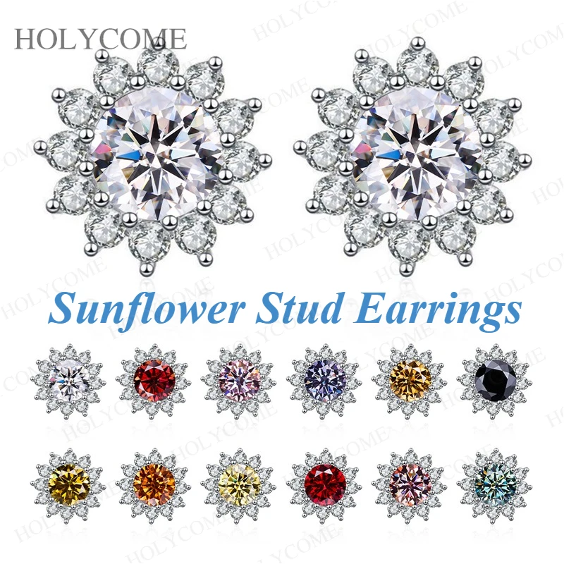 

Moissanite Sunflower Stud Earrings Round Cut【1-2Carat】With GRA Colorful Fashion Earrings For Women Wedding Mum Birthday Gifts