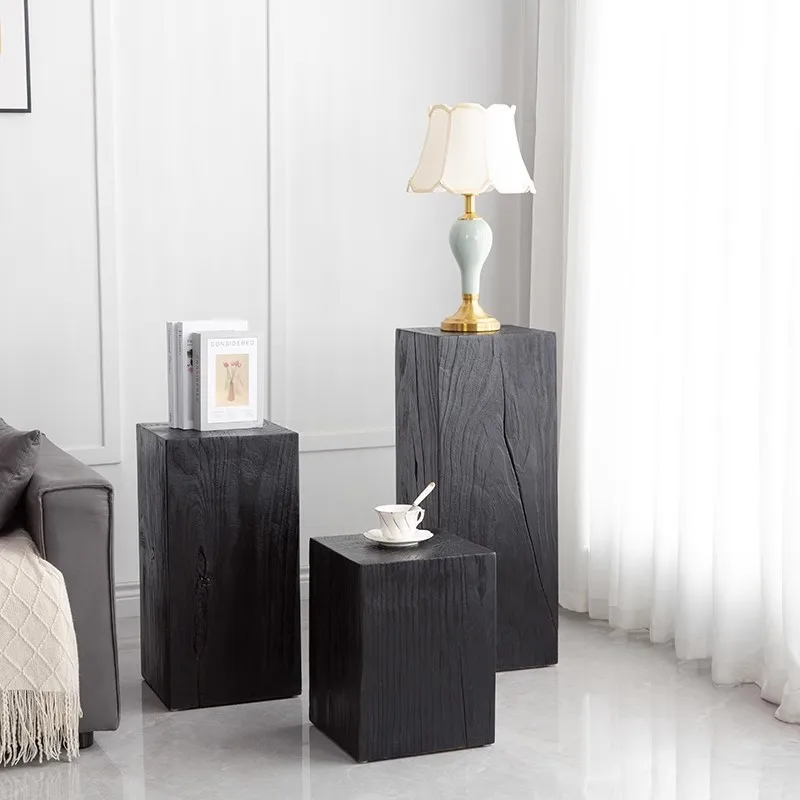 Carbonized square wooden pier ornament pillar, wabi-**** wind B & B log small coffee table, solid wood pier, stump, pillar edge