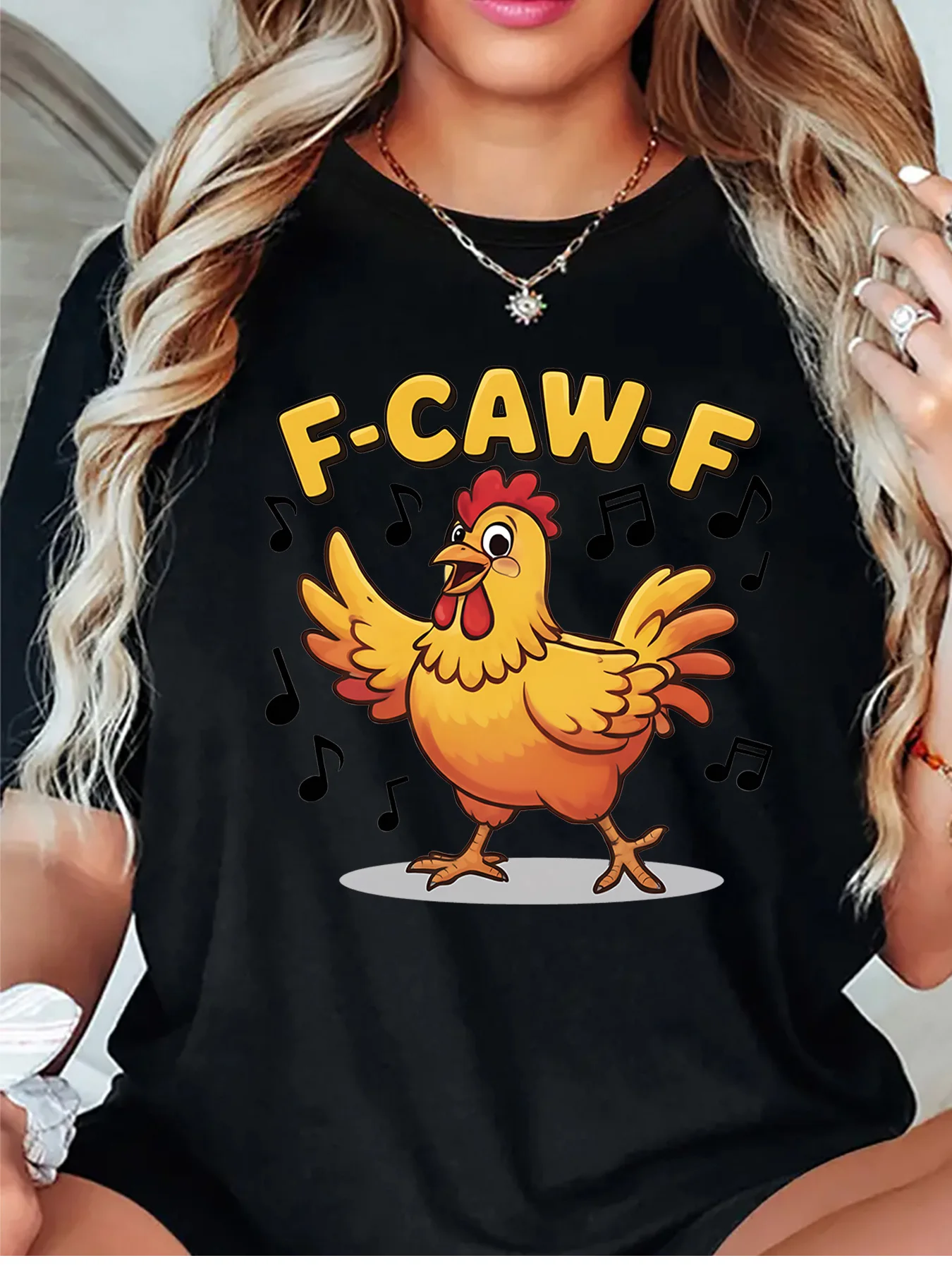 Humor Womens T Shirt Cute Singing Chicken F Caw F Musical Note Fun Farm Animal Print O Neck Short Sleeve Casual Daily Tops