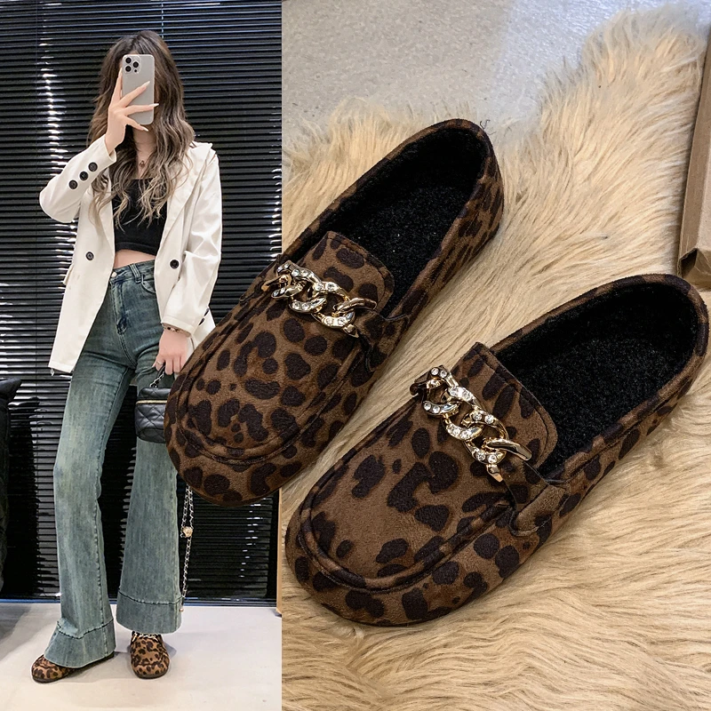 

Winter Women's Suede Shoes Leopard Print Fur Lined Casual Penny Loafers Retro Ladies Moccasins Driving Slip on Zapatos Mujer