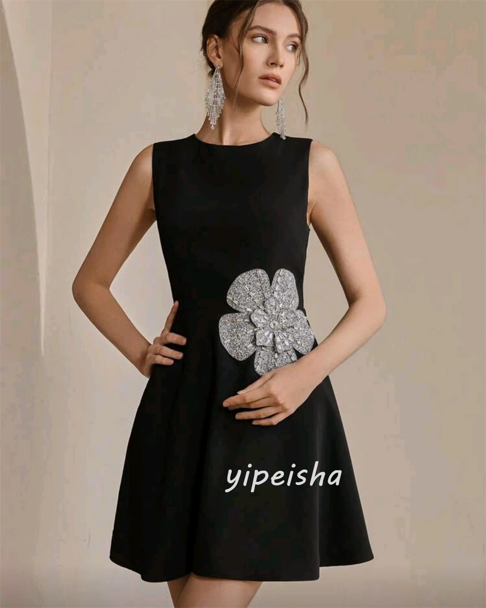 تخصيص الطراز الحديث الكلاسيكي جيرسي الديكور اليدوية زهرة ألف خط مغرفة الرقبة طول الركبة فساتين فساتين السهرة مطابقة #4