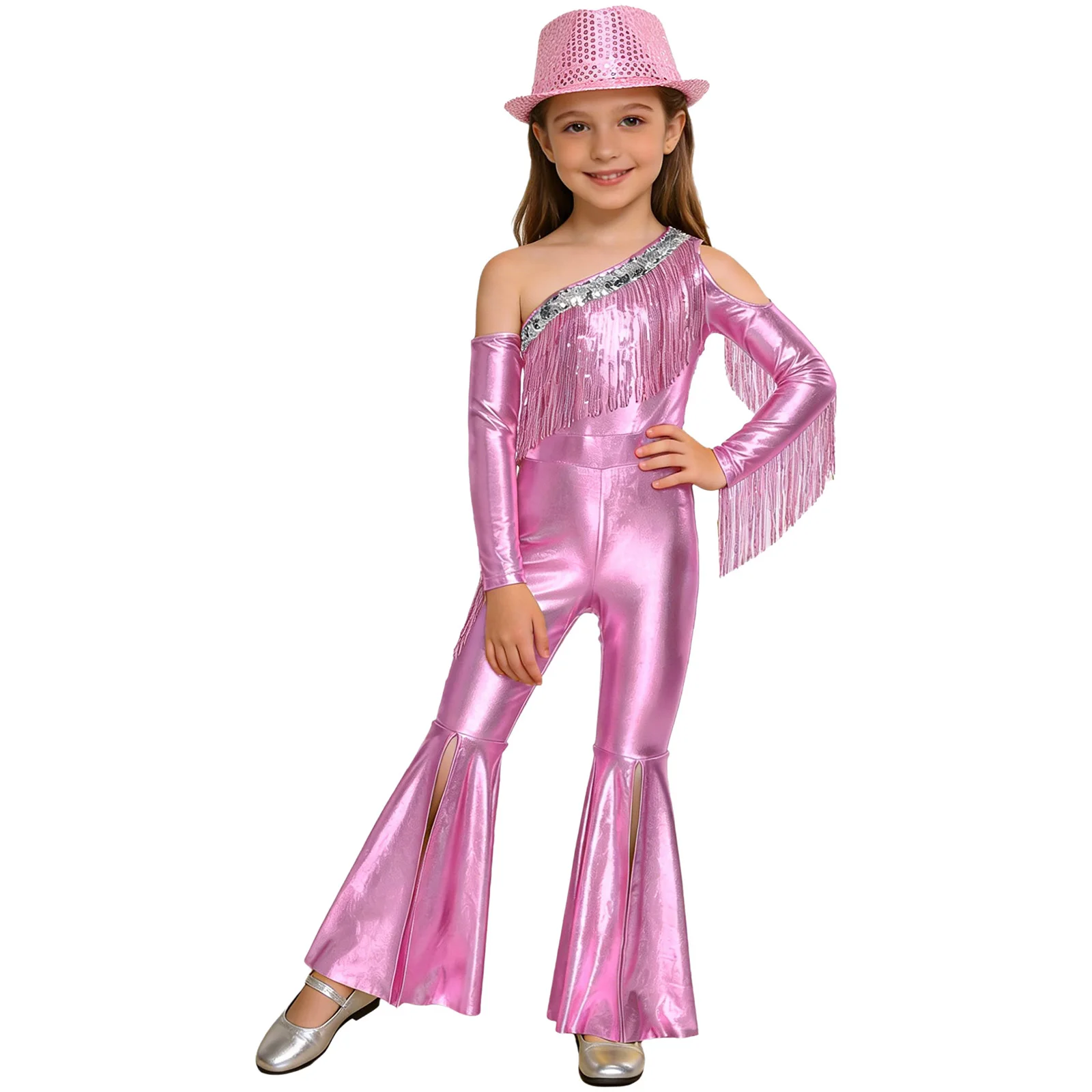 Traje de baile latino para niños, peleles de fiesta para niñas, trajes de discoteca de vaquera con lentejuelas de los años 70, mono metálico con borlas Hippie + sombrero Fedora