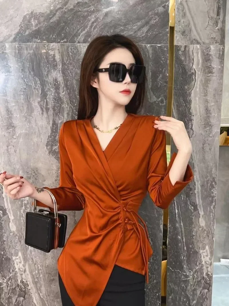 European Goods Pure Desire for Sexy Irregular Design V-neck Long Sleeve Shirt Female Spring Waist Slimming Foreign Style Top