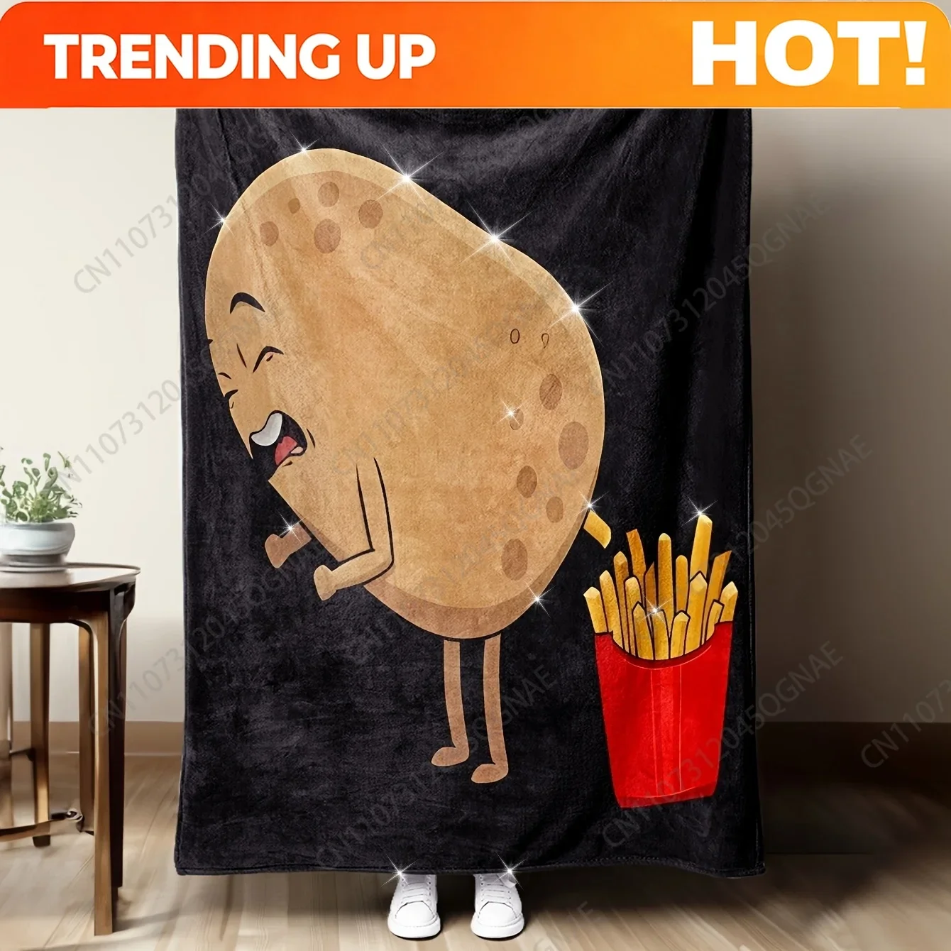 Custom 1pc Flannel Blanket, Cartoon French-Style Fries Design For Potato Lovers, Soft Warm Cozy Sofa Bed Office Throw, Small Bla
