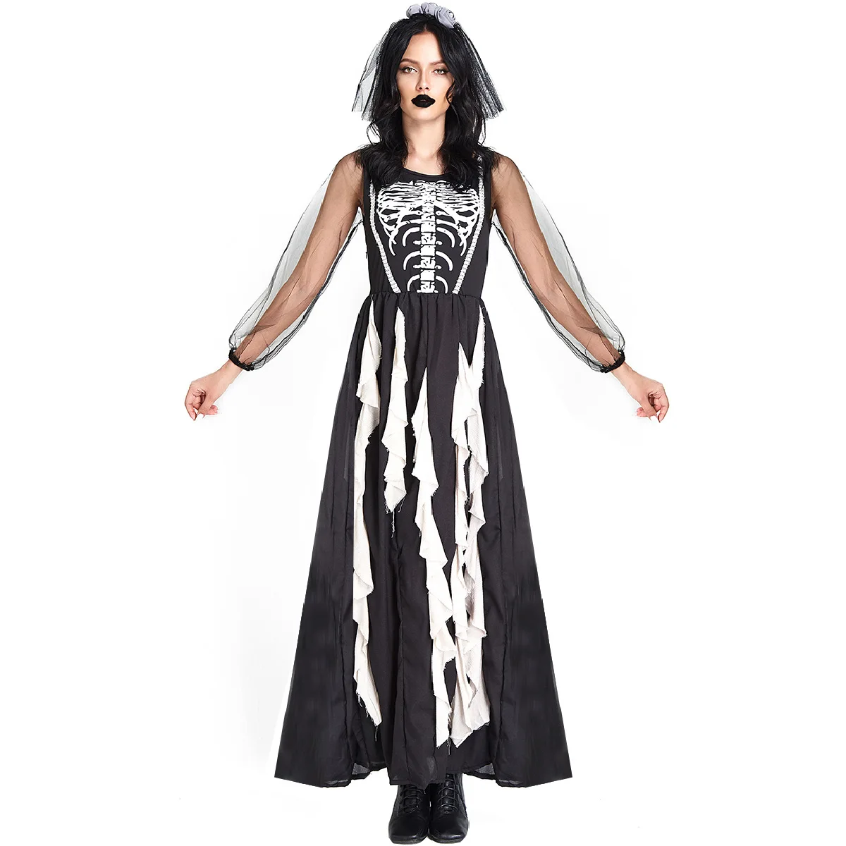 Halloween Cosplay Kostuum Horror Skull Zombie Verkleedt Feest Middeleeuws Skelet Spookbruid Vrouwelijke Kleding