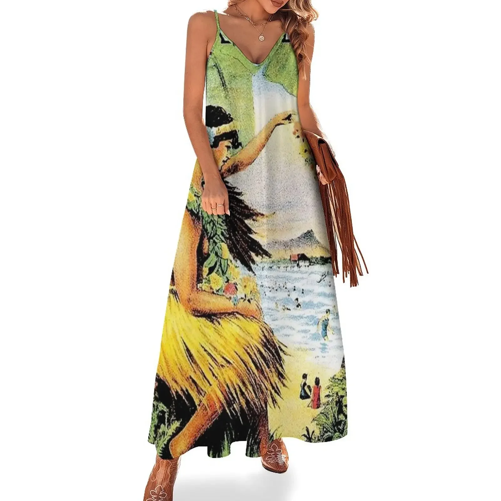 

HAWAII : Vintage Honolulu Mid-Pacific Carnival Print Sleeveless Dress Prom gown prom dress