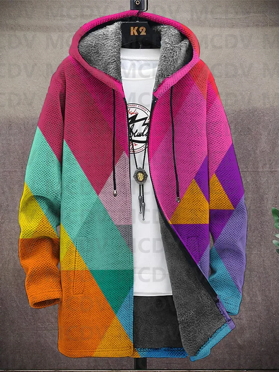 Men's Art Colorful Painting Print Hooded Two-Pocket Fleece Cardigan Jacket