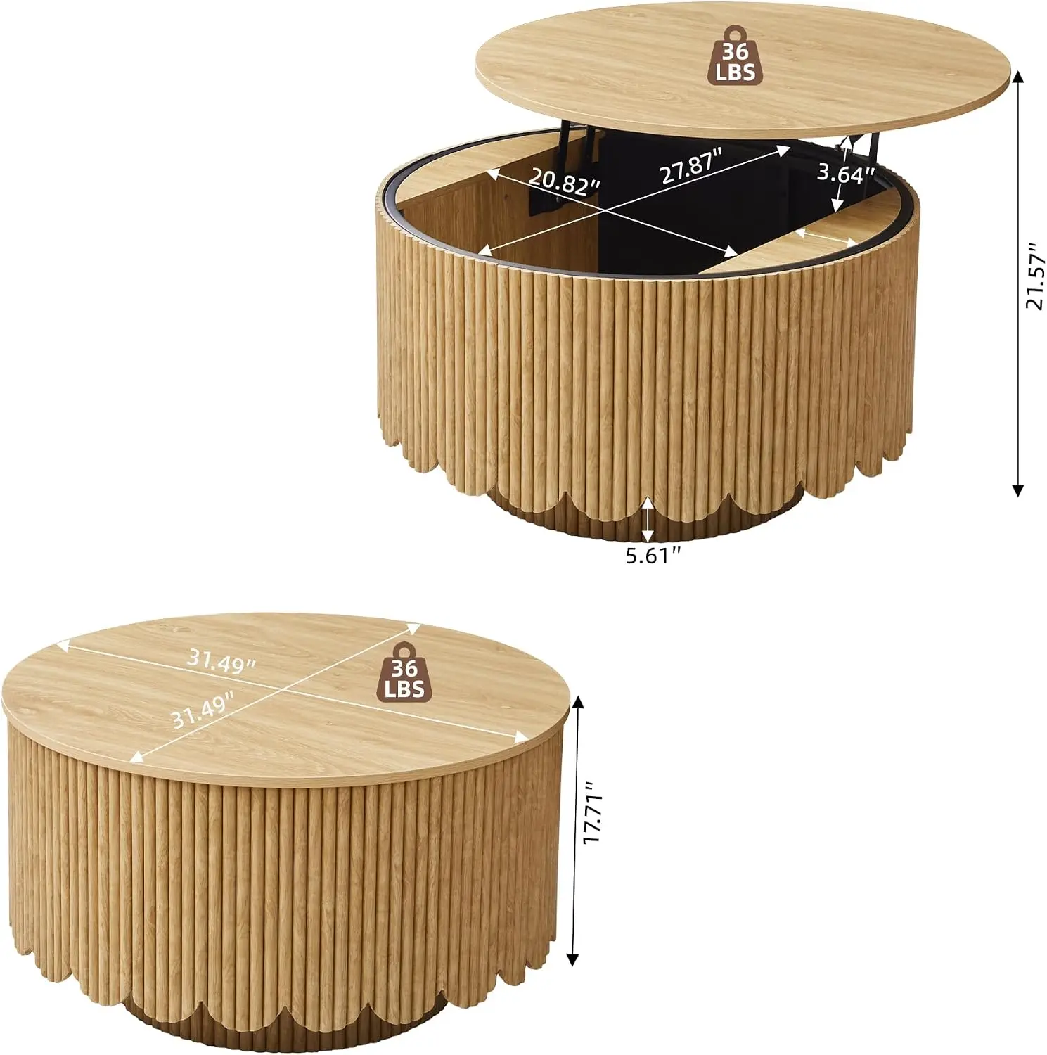 Fluted Round Lift Top Coffee Table with Storage for Living Room, Natural
