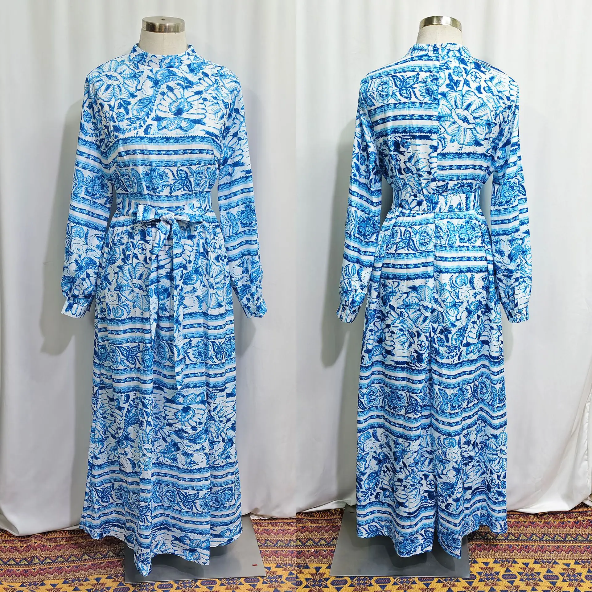 Eid Women Long Dress Muslim Abayas Print Dresses Sashes Jalabiya Ramadan Islam Morocco Dubai Party Kaftan Arab Robe Vestidos 5