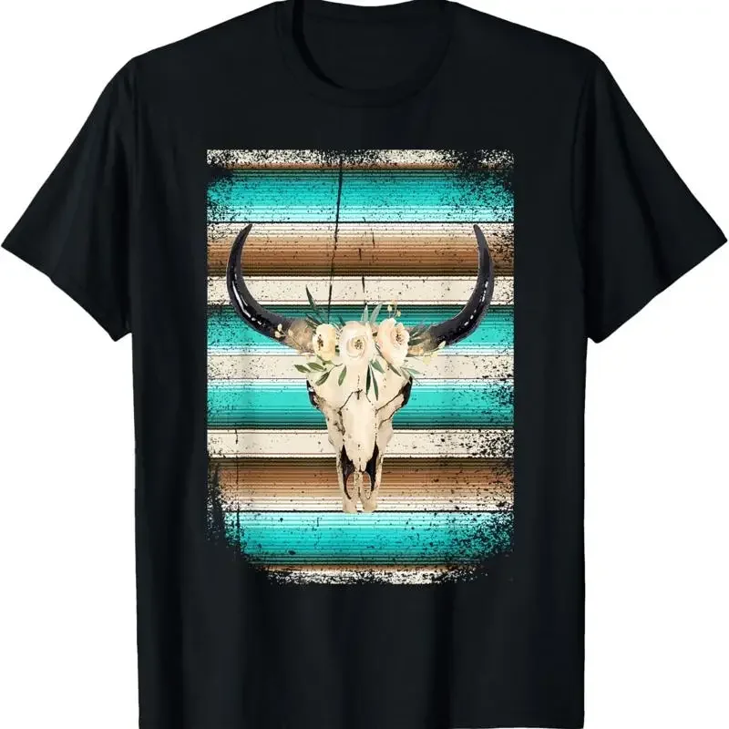 Funny Serape Cow Boho Print Flower Rustic Turquoise Brown T Shirt