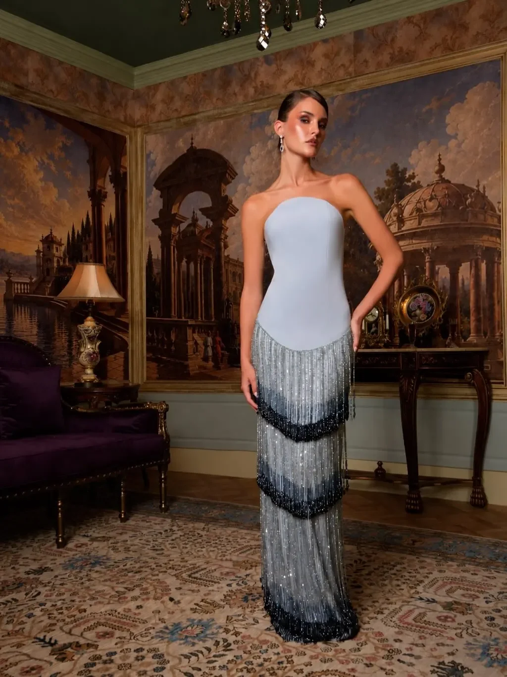 Sparkly Shawl Cape Evening Dresses Handmade Full-Body Tiered Sequined Beads Tassel Luxurious Celebrity Prom Gowns