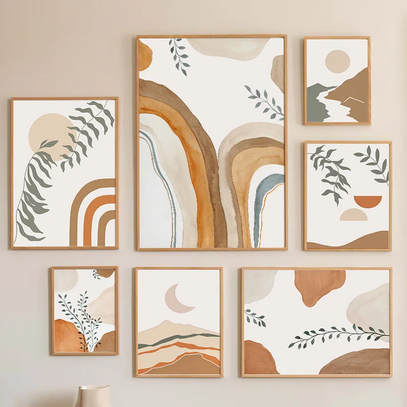 Boho Leaves Rainbow Mountain Sun River Landscape Wall Art Canvas Painting Abstract Posters Prints Pictures For Living Room De