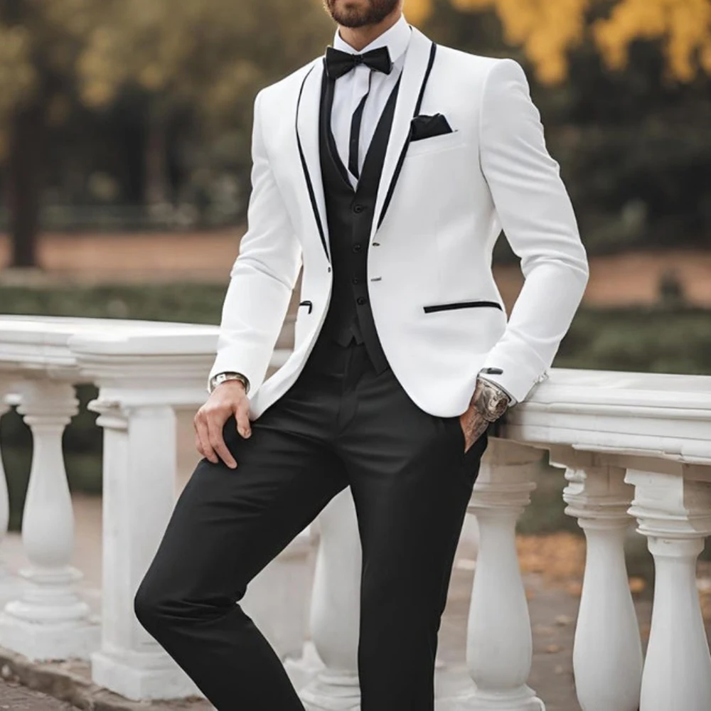 Elegant Men's Suits 3 Piece Jacket Pants Vest Full Sets One Button Shawl Lapel Slim Fit Male Clothing Luxury Wedding Blazer