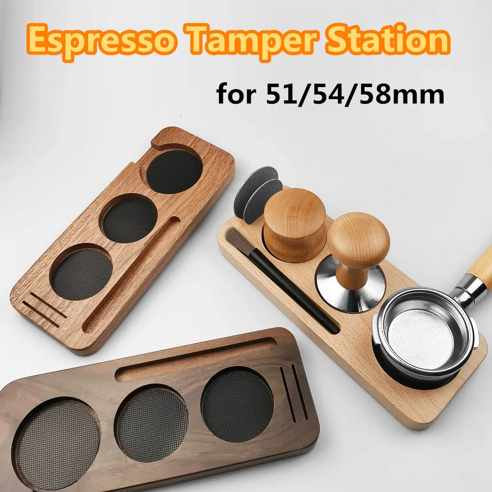 Walnuss Holz Kaffee Tamper Station Ständer Matte Siebträger Halter Rack Für 51MM 54MM 58MM Espresso Zubehör barista Unterstützung Basis