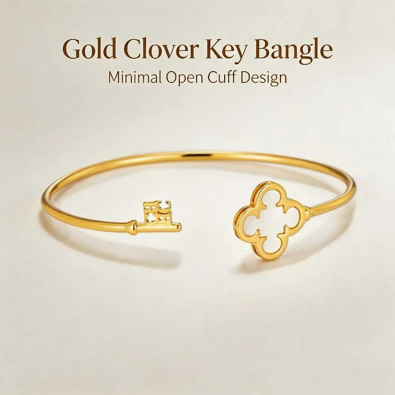 CHHC Women Clover Open Cuff Bangle Alloy Inlaid Shell Key Charm Design Adjustable Wrist Fashion Costume Jewelry