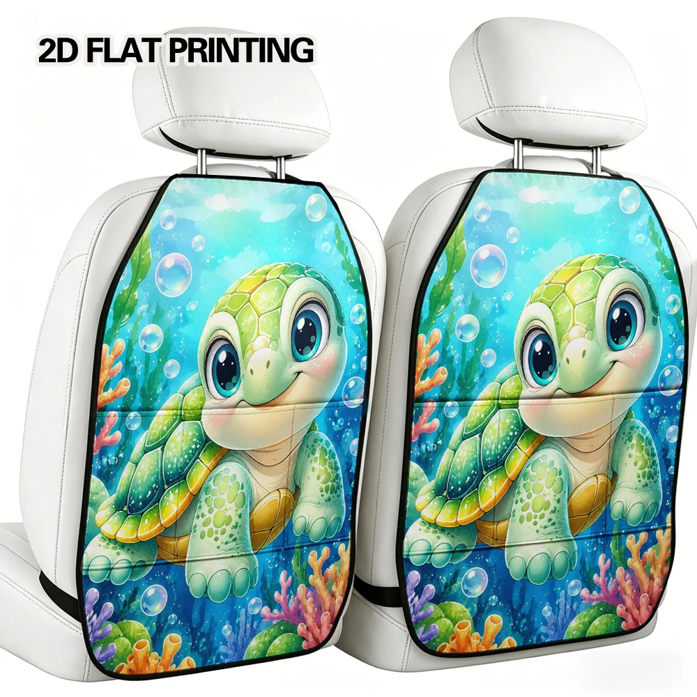 2D Flat, 2pcs Car Back Seat Organizer, Car Seat Kick Mats With Organizer, Decorative Underwater Turtle Pattern Design, Handy Poc
