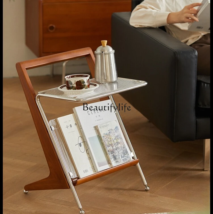 

Vintage Solid Wood Side Table Storage Rack Movable Nordic Glass Small Square Table