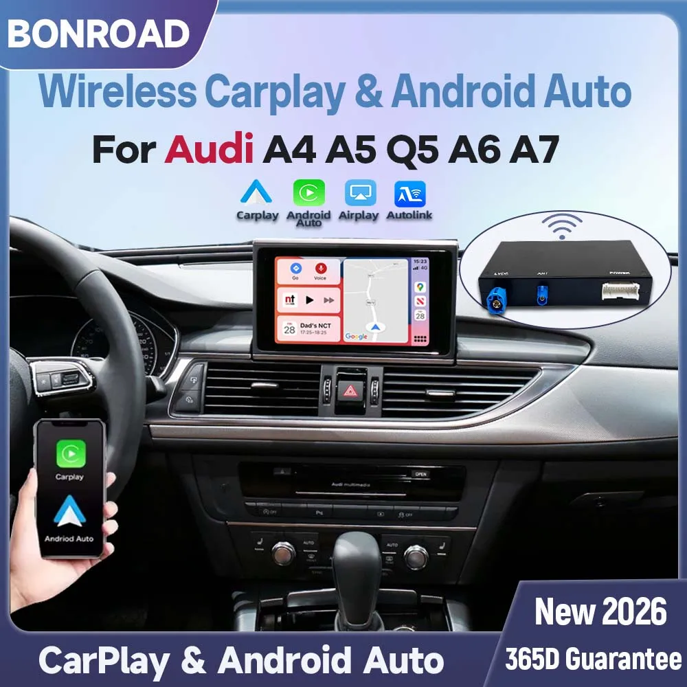 Interface CarPlay sans fil BONROAD Android Auto pour Audi A4 B8 A5 Q5 A6 A7 système MMI 3G avec MirrorLink Bluetooth AirPlay, prise en charge de la navigation, fonction caméra de recul d'origine, kit de rétrofit