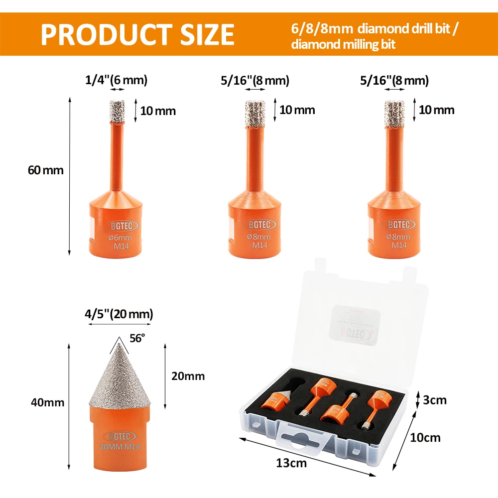 BGTEC 4pcs/Box Dia6/8/8mm Diamond Drill Core Bits+Diamond Chamfer Drilling Milling Tile Marble Granite Porcelain M14 Tool Kit