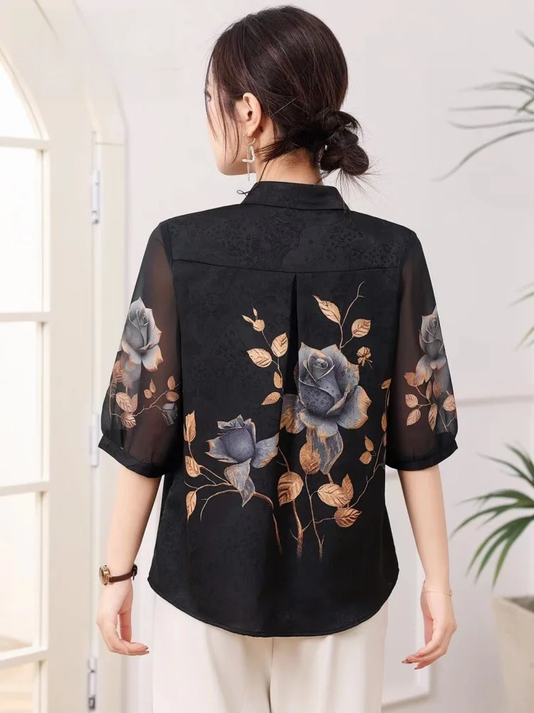 Ele Silk Commuter irt 2025 Summer New Sle Medium Sve Embroidered Women's Top  Collar Single Button Chinese Sle