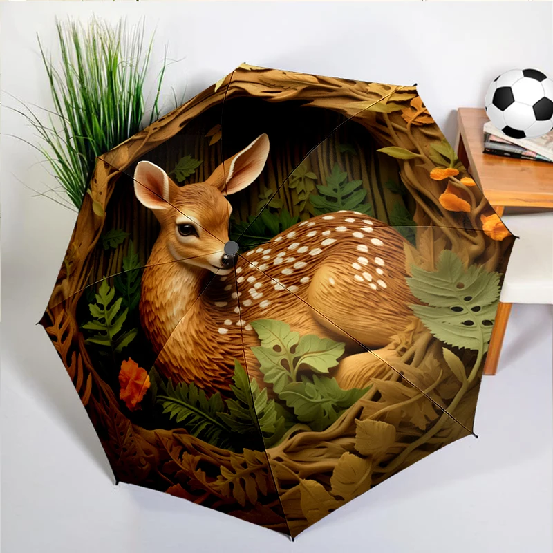 Giraffe Forest Deer Umbrella Automatic Open/close, Sturdy Iron Frame & 8-Rib Struct, Umbrella for Women & Men, Christmas Gifts