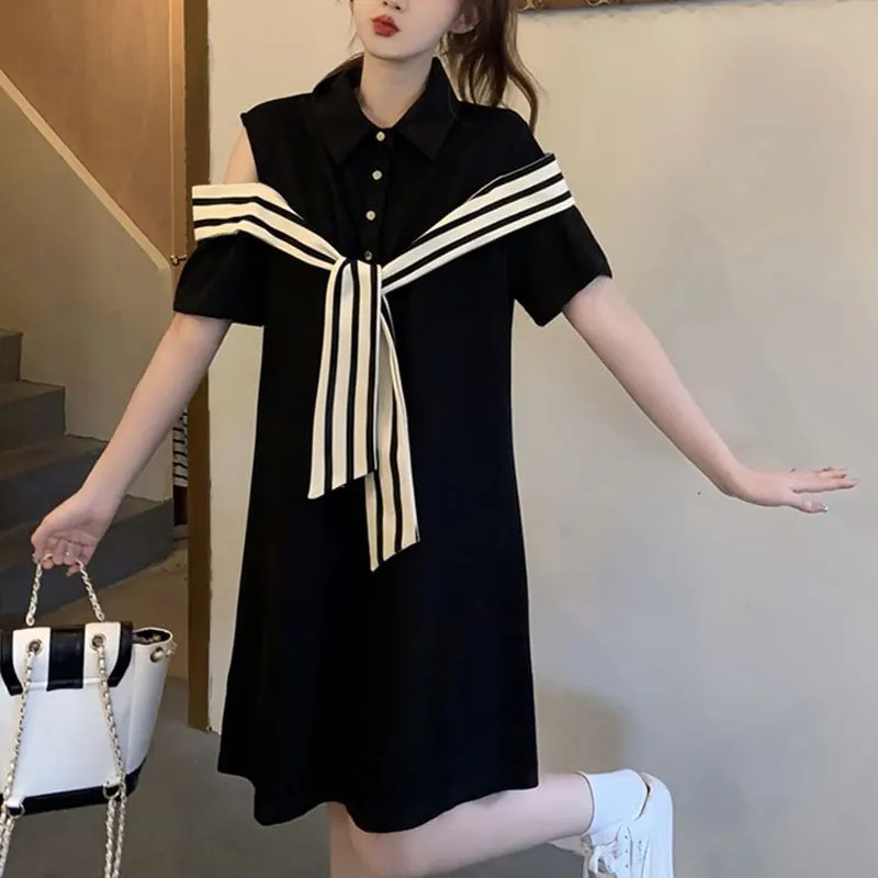 Summer Fashion Off Shoulder Dresses Female Clothing Korean Striped Patchwork Basic A-Line Commute Polo-Neck Button Midi Dress