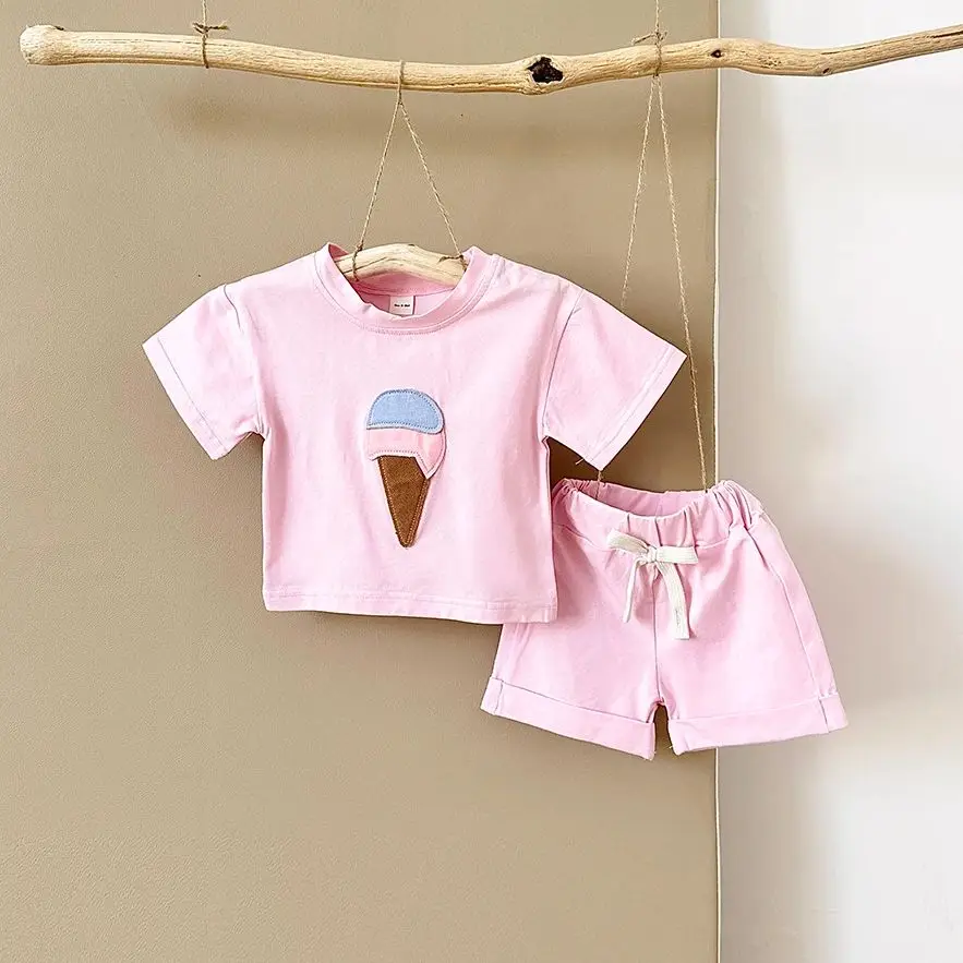 INS Summer Baby Clothes Set Newborn 2PCS Ice Cream Print Round Neck T-shirt+Sports Shorts Boys Girls Infant Toddler Outfit Set