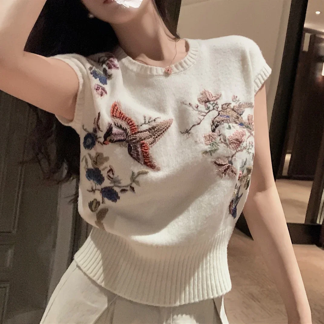 Luxury Flowers Birds Embroidery Sweaters T-shirt Summer Fashion Women Skinny Sleeveless Aesthetic Clothes Gentle Lady Japanese