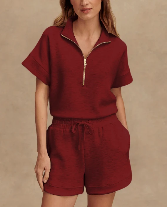

2025 Women's 2-piece Half Zipper Lapel Short Sleeve Casual Loose Fit Sweatshirt High Waist Shorts Sports Suit